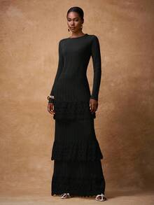 Zivah 2025 秋季新品音乐节、复活节、圣帕特里克节、西部风、游牧风、生日派对、毕业典礼、学院风、学生装、日常休闲、百搭基础款、休闲、度假、邮轮旅行、海滩、日光浴、爆款、街头风、婚礼宾客波西米亚风、通勤、早午餐、机场、派对及节日优雅长袖蕾丝拼接露背针织连衣裙（姜黄色） - 黑色 - 查看 4