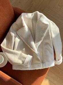 SHEIN EZwear Teddy Lined Zip Up Moto Jacket In Fall/Winter - Beige - View 3