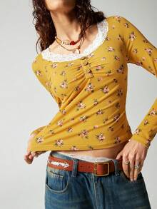 SoleilVie 女士新款波西米亚风蕾丝圆领碎花修身长袖上衣，适合购物、旅行和休闲穿着。女士可爱上衣，乡村风女装上衣，S码女式牛仔上衣。 - 黃色 - 查看 1