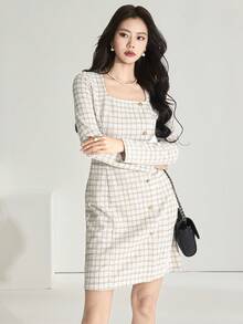 Heiryn 优雅粗花呢长袖连衣裙，通勤必备 - 彩色 - 查看 5