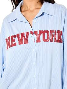 SUMWON WOMEN New York Print Striped Button Front Oversized Long Sleeve Shirt With City Name Graphics And Statue Of Liberty Back Design Casual Collared Top - Blue and White - View 6