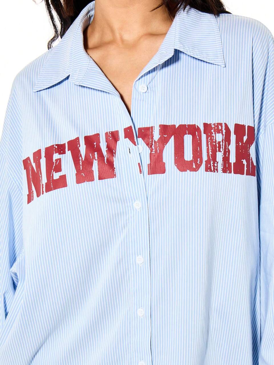SUMWON New York Print Striped Button Front Oversized Long Sleeve Shirt With City Name Graphics And Statue Of Liberty Back Design Casual Collared Top