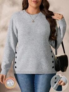 EMERY ROSE Suéter de cuello redondo de manga larga, ajustado, con botones de diseño contrastante y mezcla de hilos, de estilo nuevo europeo y estadounidense, al igual que el de los bloggers - Gris Claro - Ver 1