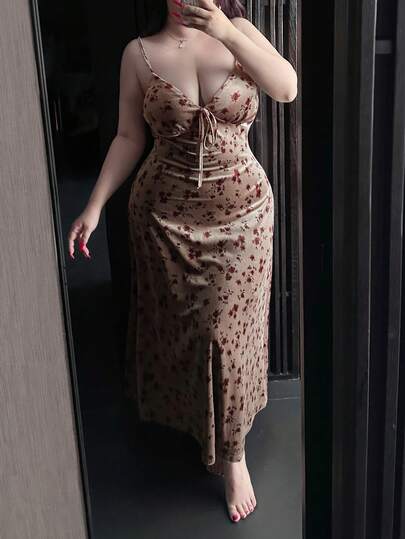 Dazy Plus 大码女式植绒花卉紧身睡裙，性感长袖长款睡衣，春夏款