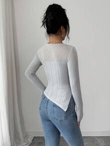Selianne Damen Pullover mit Bindekragen, asymmetrischem Saum und figurbetonter, stilvoller Passform in Unifarbe - Grau - Übersicht 2
