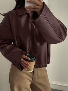 Livesso Women's Loose Casual Faux Leather Jacket, Regular Fit, Autumn/Winter