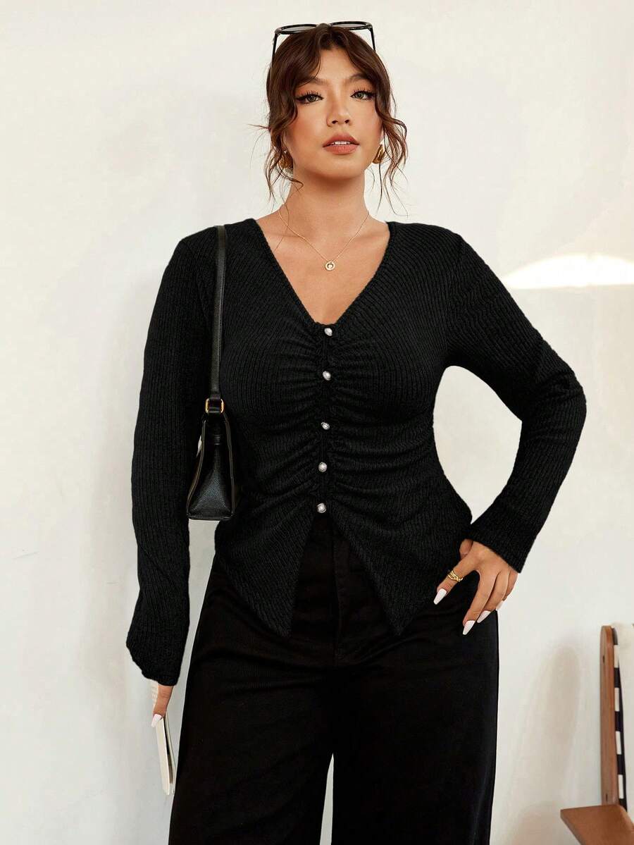 Vionelle Plissiertes gestreiftes Langarm T-Shirt mit V-Ausschnitt in Große Größen, figurformend, für Herbst/Winter