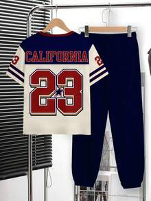 青少年男童新款休闲简约Y2K风格英文字母数字23运动复古美式撞色宽松舒适时尚简约圆领短袖T恤和裤子套装 - 彩色 - 查看 3