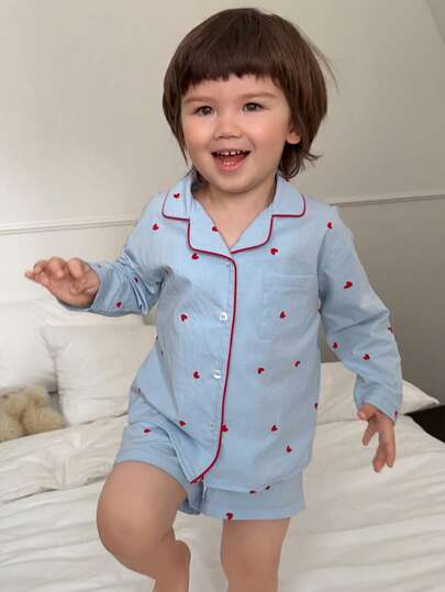 Dazy Kids 2pcs Baby Boy Heart Print Long Sleeve Top And Shorts Pajama Set