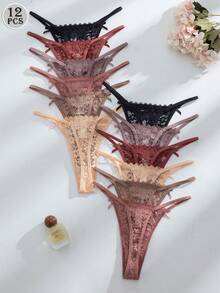 12pcs/Set Romantic Sexy Lace Women's Thong Panties, Assorted Colors - Multicolor - View 3
