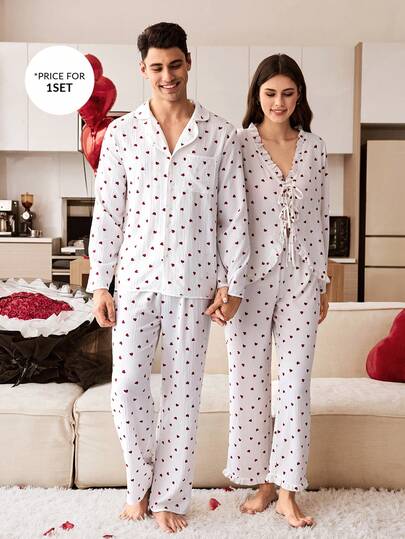 SHEIN Heart Print Contrast Trim Men's French Style Neutral Romantic Casual Pajama Set
