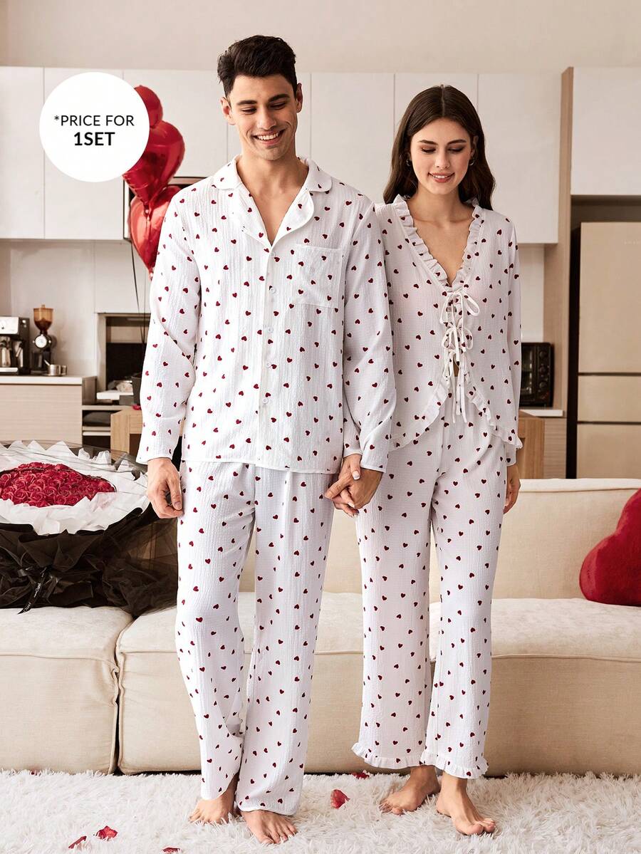 CoupledUp Heart Print Contrast Trim Men's French Style Neutral Romantic Casual Pajama Set