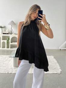 Siren Gaze Spring & Summer Asymmetrical Halter Top Evening Party Holiday Night Out Wedding Guest Spring Summer Fall Black Top - Black - View 7