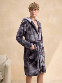 Men's Tie-Dye Fluffy Hooded Bathrobe, Suitable For Loungewear - Multicolor - View 6