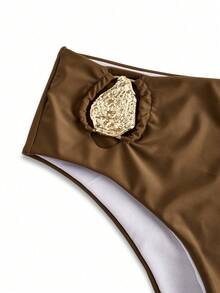 Swim Oasis 3件套女士夏季度假优雅高端金属棕色扭纹紧身迷你裙套装 - 棕色 - 查看 4