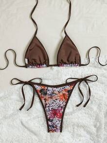 Swim Vcay Women's Random Floral Print Tie-Up Triangle Top And Side Tie Triangle Bottom Sweet Bikini Set, Summer Beach - Multicolor - View 2