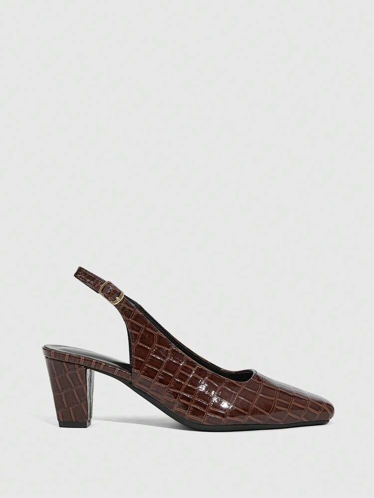 CUCCOO SZL Women's Glossy Crocodile Embossed Leather Square Toe Adjustable Buckle Chunky High Heel Pumps, Suitable For Work And Commute Prom Heels