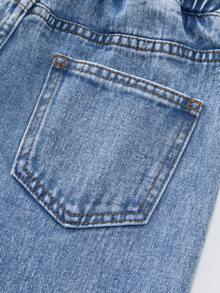 SHEIN 少女时尚雪洗抽绳腰宽松阔腿牛仔裤 - 淺藍色 - 查看 7