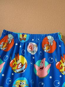 SpongeBob SquarePants | SHEIN Conjunto de pijama de niño pequeño con parte superior de manga larga con cuello redondo y leggings con estampado de dibujos animados, cómodo, para otoño - Azul - Ver 8