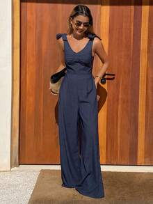 DAZY Women's V-Neck Tie Waist Straight Leg Jumpsuit Casual Vacation Style Denim Overalls Spring - Dark Wash - View 5