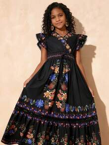 Travachic KIDS 少女度假休闲黑色碎花荷叶边连衣裙 - 黑色 - 查看 7