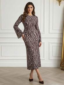 Modelyn Women's Fashion Zebra Print Long Sleeve Midi Dress - Multicolor - View 1