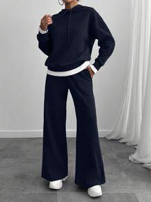 女士灰色混纺宽松卫衣和运动裤两件套 - 藏蓝色 - 查看 4