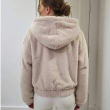 Chamarra de Peluche Corta para Mujer con Capucha, Cierre Completo y Ajuste Elástico, Abrigo Ligero de Invierno - Beis - Ver 10