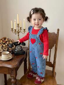 SHEIN Vintaside Kids 1pc Baby Girl Blue Denim Casual Cute Embroidered Floral Strap Denim Jumpsuit, Suitable For Outings And Parties