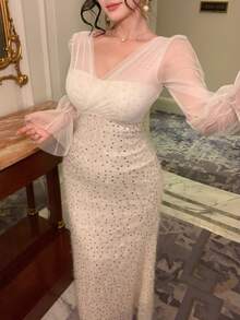 DAZY Vestido formal elegante con brillantes de primavera y verano, adecuado para el Día de San Valentín, boda, fiesta, banquete, vestido blanco midi ajustado para mujer, vestido brillante de verano - Albaricoque - Ver 5