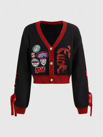 ROMWE Avant Cardigan à contraste de couleur avec slogan amusant brodé