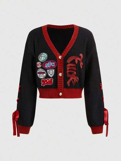 ROMWE Avant Cardigan con ricamo di slogan divertente e colore a contrasto