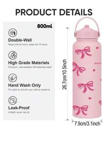 1pc 800ml Large Stainless Steel Insulated Travel Mug With Bow Print - Reusable, Durable Coffee Cup With Portable Handle & Foldable Straw - Perfect For Valentine's Day, Christmas, Graduation, Back To School, Gifts, Daily Use, Office & Outdoor Sports - Multicolor - View 5
