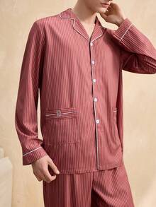 SHEIN 男士条纹翻领长袖单排扣上衣和裤子睡衣套装 - 彩色 - 查看 5
