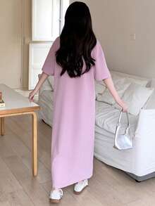 少女宽松休闲标语印花针织圆领短袖连衣裙，适合日常穿着、休闲上学、返校、情人节、夏季 - 紫色 - 查看 2