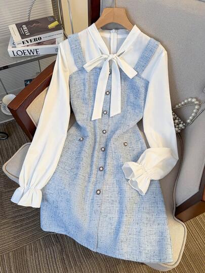 GlowEve Color Block Lace-Up Cuff Elastic Button Pocket Elegant Party Date Casual Dress For Women, White & Blue, Autumn/Winter