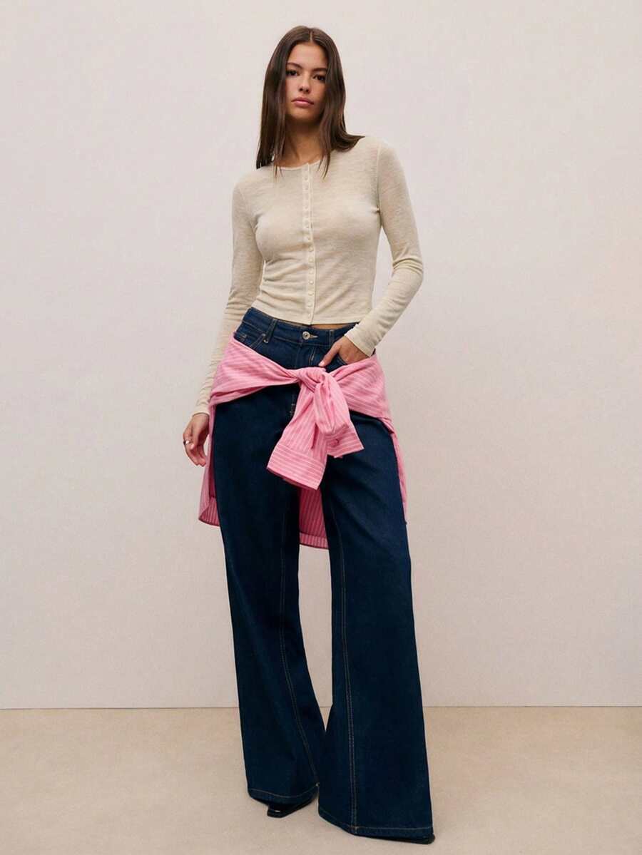 Nöista 女士纯色针织长袖半透明圆领上衣。轻盈优雅，适合日常穿着、休闲装扮、外出造型以及情人节穿搭。 - 米色 - 查看 1