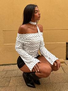 Opulessa Women's Polka Dot Off-Shoulder Asymmetrical Hem Fashionable Versatile Bell Sleeve Top, Spring Break Outfits, Summer Outfits, Valentine's Day, Beach Top, Elegant Wedding Guest Top, Birthday Dress, Casual Dresses, Vacation Outfits, Going Out Top, Spring To Summer, Carnival Costume, Elegant Top For Party, Beach Outfit, Wedding Guest Top, Summer Vacation Outfits, Casual Top - White - View 7