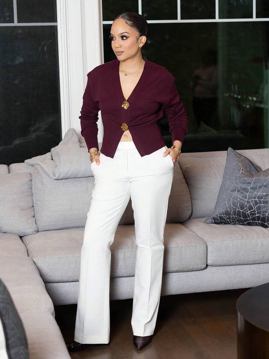 Melissa Matos 女士时尚休闲简约不对称纽扣针织开衫，精致设计毛衣上衣 - 酒紅色 - 查看 1
