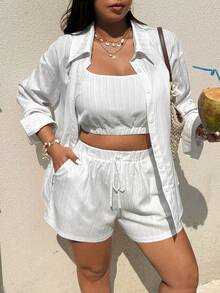 Sunnyshic Conjunto de verano informal de lino blanco para mujer de talla grande - Blanco - Ver 1