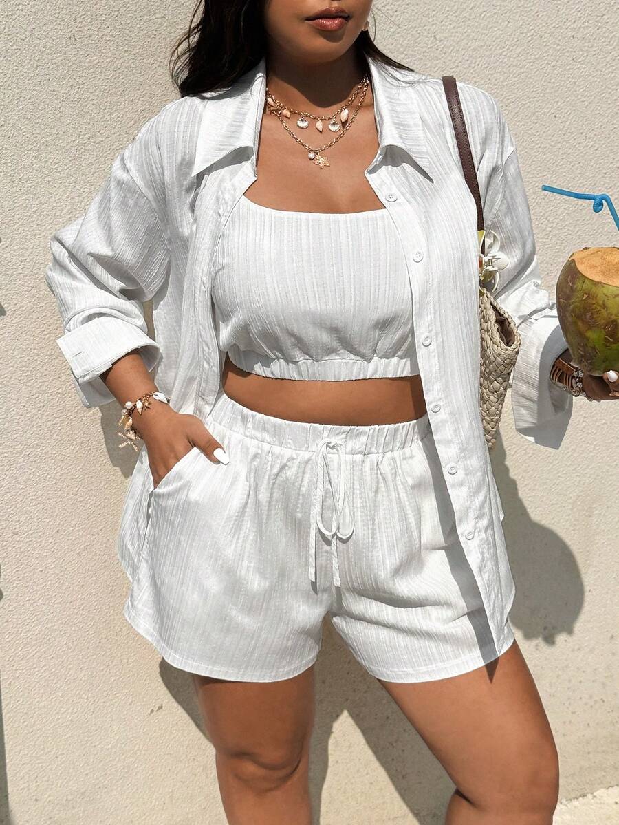 Sunnyshic Conjunto de verano informal de lino blanco para mujer de talla grande - Blanco - Ver 1