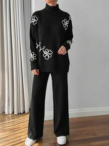 SHEIN Cottnline Women 3d Floral Embroidery Sweater Co-Ord Set - Black and White - View 5
