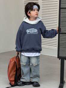 DAZY 男童标语印花撞色长袖休闲宽松卫衣，秋冬款 - 藍色 - 查看 11