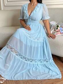 Vibekara Spring, Summer, Fall, Elegant, Vacation French Retro Blue Chiffon Patchwork Lace Trim Tea Length Dress, V-Neck Puff Sleeve Waist Cinched Irregular Hem Party Dress - Blue - View 1