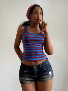 StreetHx Camiseta de punto de cuello cuadrado con rayas multicolor de moda para mujer - Multicolor - Ver 3