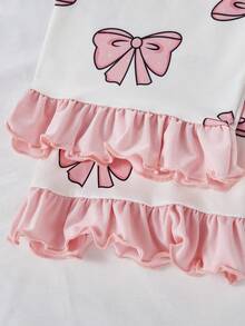 Girls' Fashionable Cute Bow Print Long Sleeve Ruffle Hem Cardigan And Pants Pajama Set