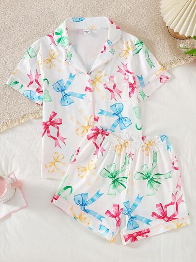 Conjunto de pijama de 2 piezas con top de cárdigan de manga corta y pantalones cortos, de tela de punto suave, cómoda y elegante para niñas