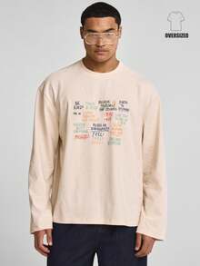 Musero 长袖标语印花T恤 宽松落肩圆领上衣 春夏款 - 杏色 - 查看 1