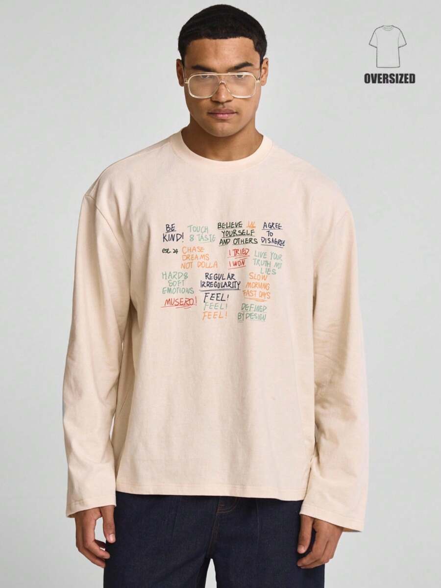Musero 长袖标语印花T恤 宽松落肩圆领上衣 春夏款 - 杏色 - 查看 1