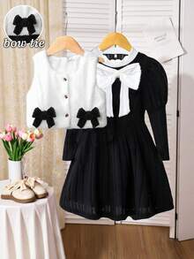 Cute Girls Black And White Knitted Co-Ords With Sleeveless Button Front Vest And Full Sleeve Dress Set - Black and White - View 1